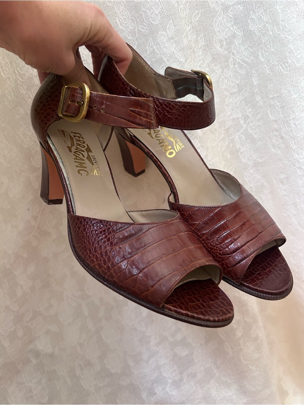 Salvatore Ferragamo Brown Croc-Embossed Leather Peep-Toe Ankle Strap Heels
